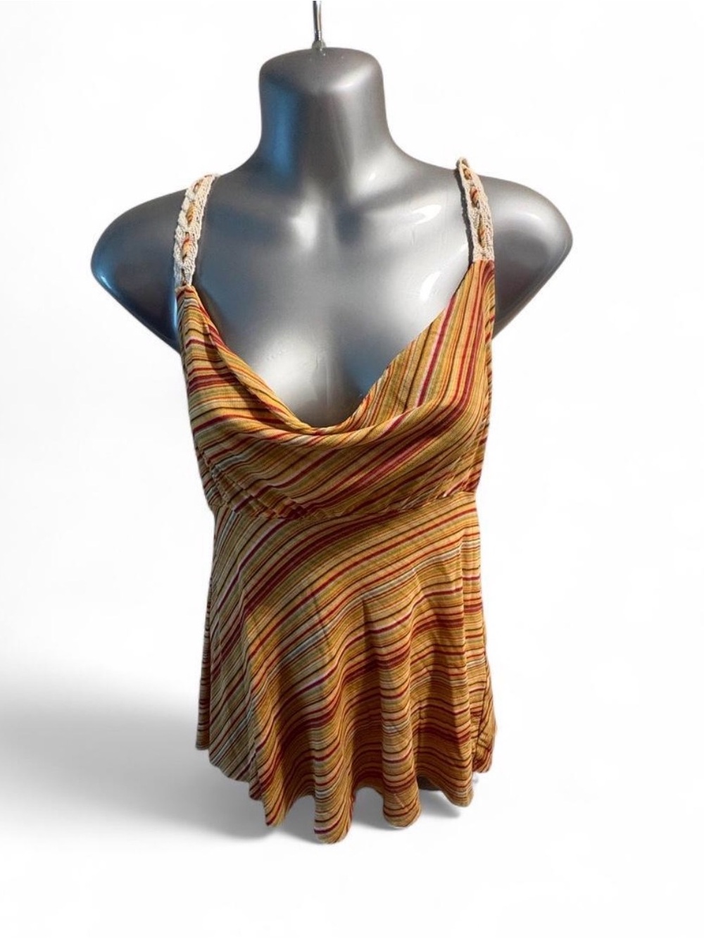 Y2K Vintage Rare Striped Cowl Neck Women’s Tank Top - Yellow/Brown